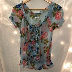 Sheer short sleeved elasticized floral top